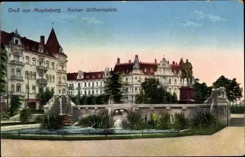 Ak Magdeburg in Sachsen Anhalt, Kaiser Wilhelm Platz, Brunnen, Gebäude