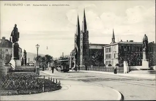 Ak Freiburg im Breisgau, Kaiserbrücke, Johanniskirche, Straßenbahn