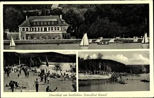 Ak Wamel Möhnesee Nordrhein Westfalen, Strandhof, Segelpartie, Strandbad
