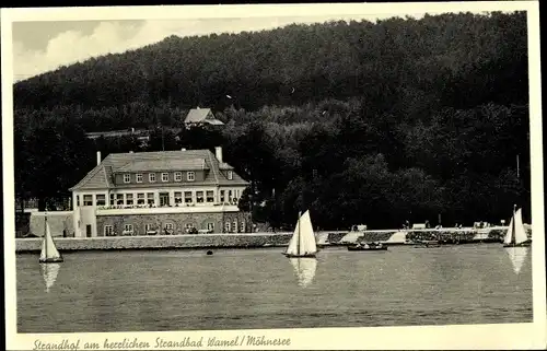 Ak Wamel Möhnesee, Hotel Strandhof Recklingloh, Segelpartie