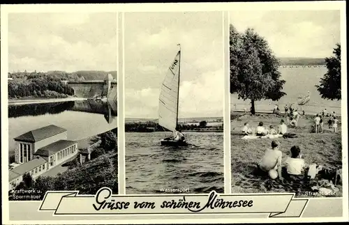 Ak Möhnesee in Westfalen, Sperrmauer, Kraftwerk, Wassersport, Segelpartie, Strandbäder