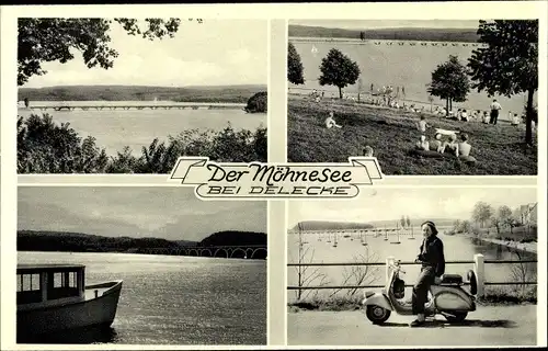 Ak Möhnesee in Westfalen, Sperrmauer, Motorrad, Strandbad