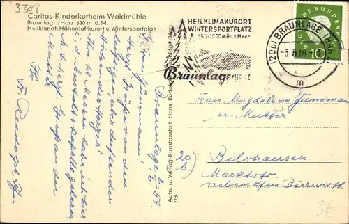 Ak Braunlage im Oberharz, Waldmühle, Caritas Kinderkurheim