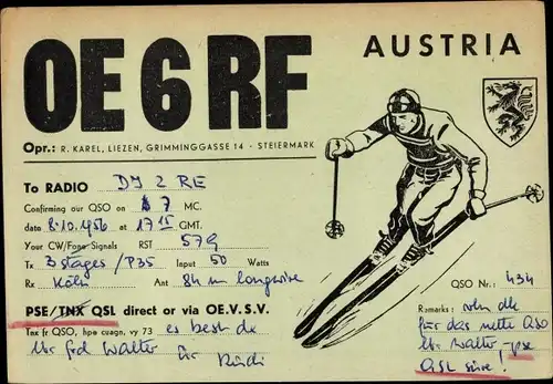 Ak Liezen Steiermark, QSL Funkerkarte OE6RF, R. Karel. Skifahrer, Wappen