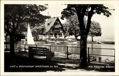 Ak Bregenz am Bodensee Vorarlberg, Cafe und Restaurant Sporthaus am See, Segelboot