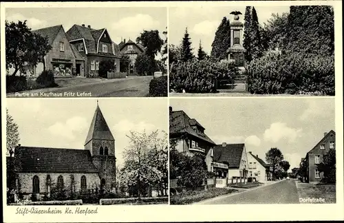 Ak Stift Quernheim Kirchlengern Ostwestfalen, Kirche, Dorfstraße, Ehrenmal, Kaufhaus