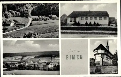 Ak Eimen im Weserbergland, Mühle, Kirche,  Panorama, Schule