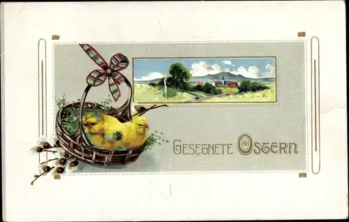 Litho Glückwunsch Ostern, Küken in einem Weidenkorb, Landschaft