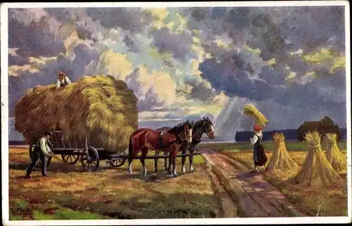 Künstler Ak Merker, Bauern beladen Pferdekarren mit Heu, Landwirtschaft