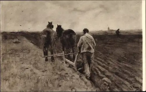 Künstler Ak Mauve, A., Ackern, Bauer mit Pferdepflug auf dem Feld