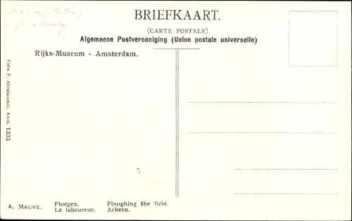 Künstler Ak Mauve, A., Ackern, Bauer mit Pferdepflug auf dem Feld