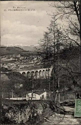 Ak Olliergues Puy de Dôme, Blick auf den Ort, Brücke