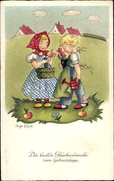 Künstler Ak Schott, Inge, Glückwunsch Geburtstag, Gärtner mit Blumen