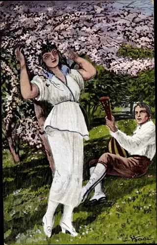 Künstler Ak Frau unter einem Blütenbaum, Mann mit Laute
