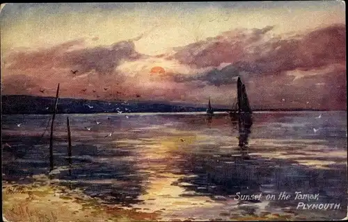 Künstler Ak Plymouth South West England, Sunset on the Tamar, Tuck 7840