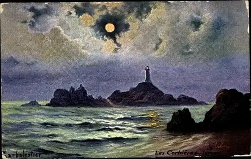 Künstler Mondschein Ak Jersey Kanalinseln, Corbiere Lighthouse, Tuck Nr. 7133