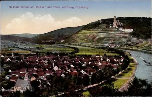 Ak Haßmersheim in Baden Württemberg, Blick auf Burg Hornberg, Totalansicht