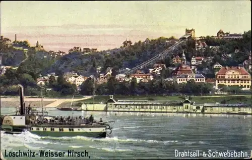 Ak Dresden Weißer Hirsch, Drahtseil- u. Schwebebahn, Elbdampfer, WIRO 1830