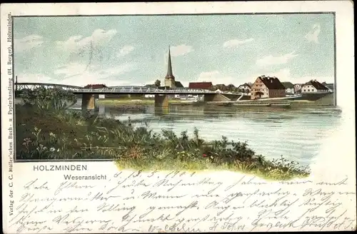 Ak Holzminden im Weserbergland, Blick über die Weser zum Ort, Kirche, Brücke