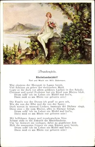 Ak Königswinter am Rhein, Drachenfels, Willi Ostermann, Rheinlandmädel, Mädchen mit Blumenstrauß