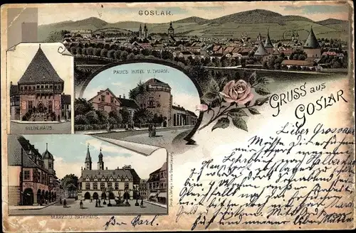 Litho Goslar am Harz, Totale, Rathaus, Markt, Gildehaus, Paul's Hotel und Turm
