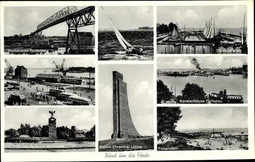 Ak Kiel in Schleswig Holstein, Hochbrücke Holtenau, Uboots Denkmal Möltenort, Olympiahafen, Laboe