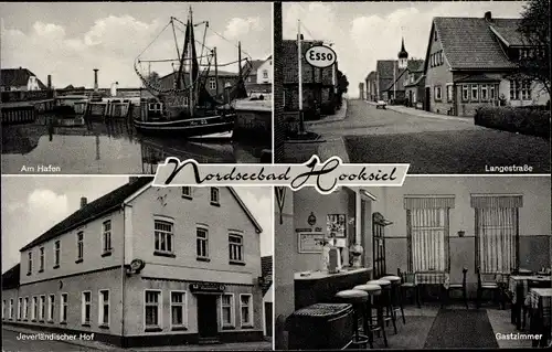 Ak Hooksiel Wangerland Friesland, Jeverländischer Hof, Hafen, Langestraße, Esso Tankstelle