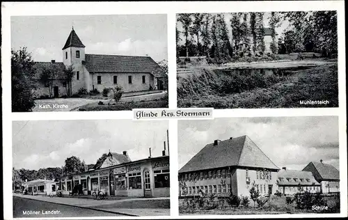 Ak Glinde in Schleswig Holstein, Kirche, Mühlenteich, Schule, Möllner Landstraße