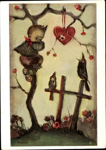 Künstler Ak Hummel, Berta, Junge, Herz, Friedhof, Rabe, Nr 5434