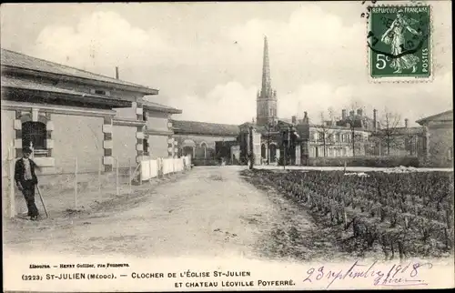 Ak Saint Julien Beychevelle Gironde, Clocher de l'Église et Château Léoville Poyferré