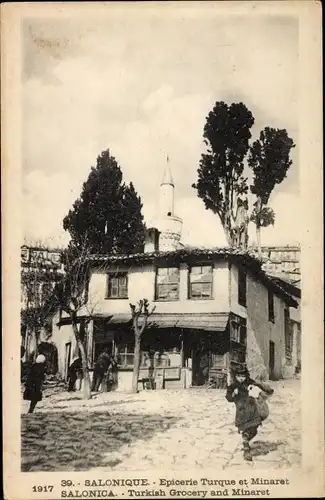 Ak Thessaloniki Griechenland, Epicerie Turque et Minaret, Straßenpartie, Minarett, Geschäft