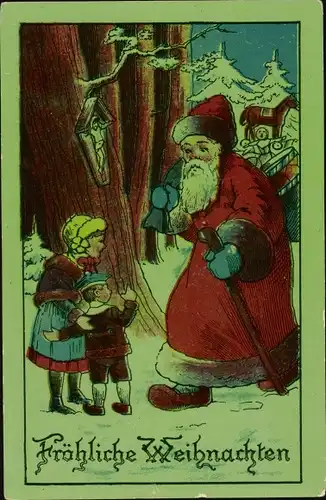 Ak Frohe Weihnachten, Weihnachtsmann mit Geschenken, Kinder, Winterwald