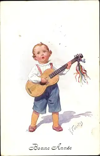 Künstler Ak Feiertag, Karl, Bonne Année, Glückwunsch Neujahr, Junge, Gitarre, BKWI 774