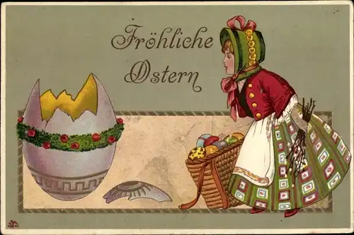 Ak Glückwunsch Ostern, Osterei, Frau in Volkstracht