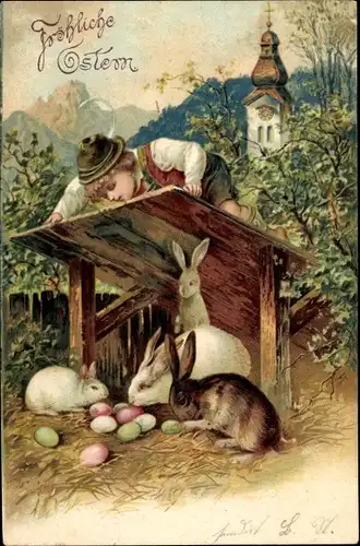 Präge Ak Glückwunsch Ostern, Osterhasen, Ostereier, Junge, Kirche