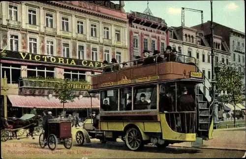 Ak Berlin, Automobilomnibus, Unter den Linden, Victoria Café