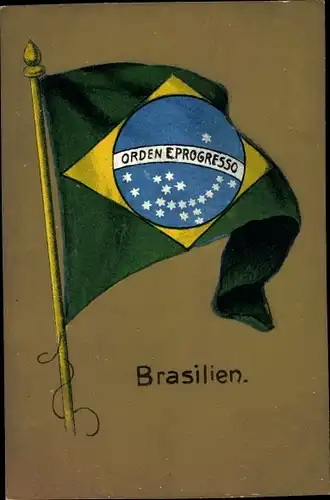 Künstler Ak Brasilien, Staatsflaffe, Orden E Progresso