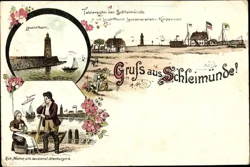 Litho Kappeln an der Schlei, Lotseninsel Schleimünde, Leuchtturm, Kurpavillon, Lotsenstation