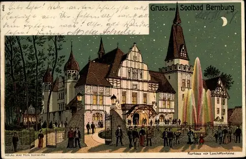 Litho Bernburg an der Saale, Kurhaus mit Leuchtfontaine