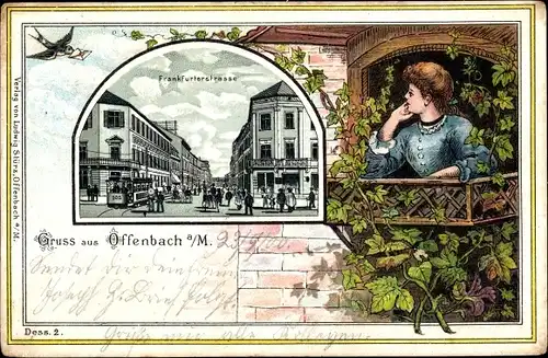 Litho Offenbach am Main Hessen, Frankfurter Straße, Frau schaut aus Burgturmfenster, Schwalbe, Tram