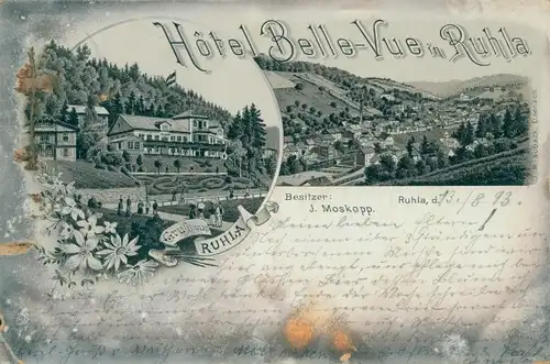 Vorläufer Litho Bad Thal Ruhla in Thüringen, Hotel Belle Vue, 1893
