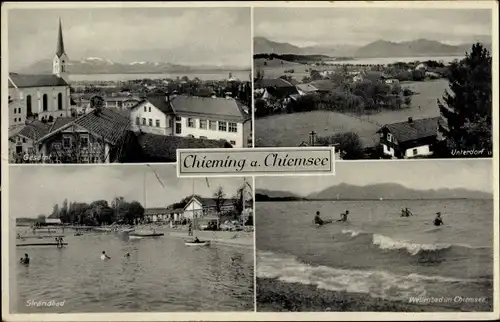 Ak Chieming in Oberbayern, Chiemsee, Strandbad, Blick auf den Ort