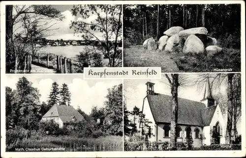 Ak Reinfeld in Holstein, Promenade am Weinberg, Hünengrab, Math. Claudius Geburtsstätte, Kirche