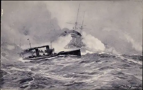 Künstler Ak Stöwer, Willy, Deutsches Kriegsschiff, Torpedobootsangriff in der Nordsee, I. WK