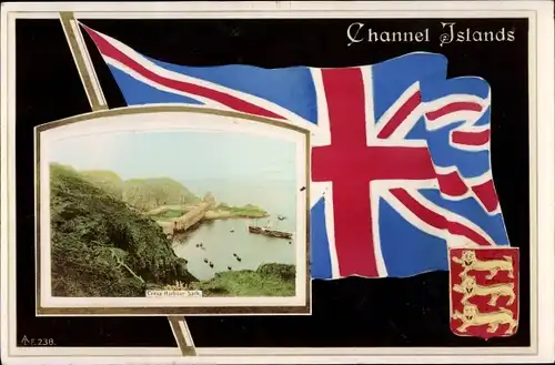 Wappen Passepartout Ak Kanalinsel Sark, Creux Harbour, Fahne