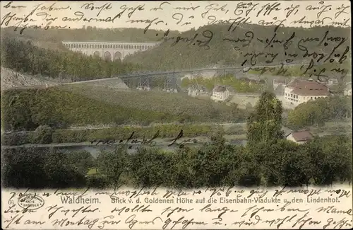 Ak Waldheim in Sachsen, Blick von der Goldenen Höhe auf Eisenbahnviadukte und den Lindenhof