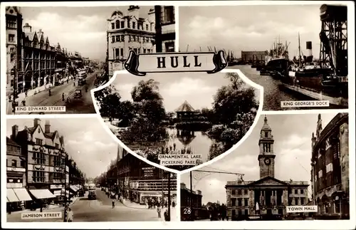 Ak Kingston upon Hull Yorkshire, King George's Dock, Town Hall, Jameson Street, King Edward Street