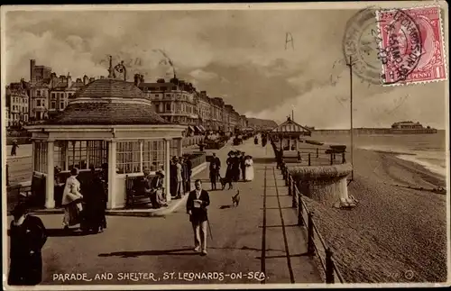 Ak St Leonards on Sea Hastings South East England, Parade and Shelter