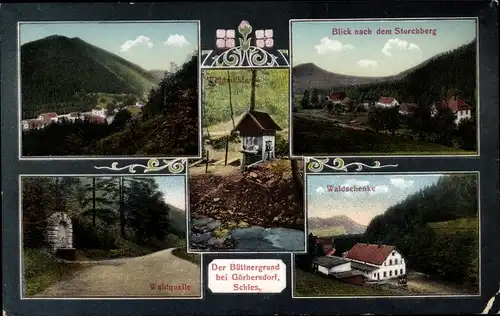 Ak Sokołowsko Görbersdorf Schlesien, Büttnergrund, Storchberg, Waldschenke, Waldquelle, Totale