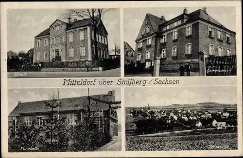 Ak Mitteldorf Stollberg im Erzgebirge, Teilansicht, Schule, Turnhalle, Gemeindeamt